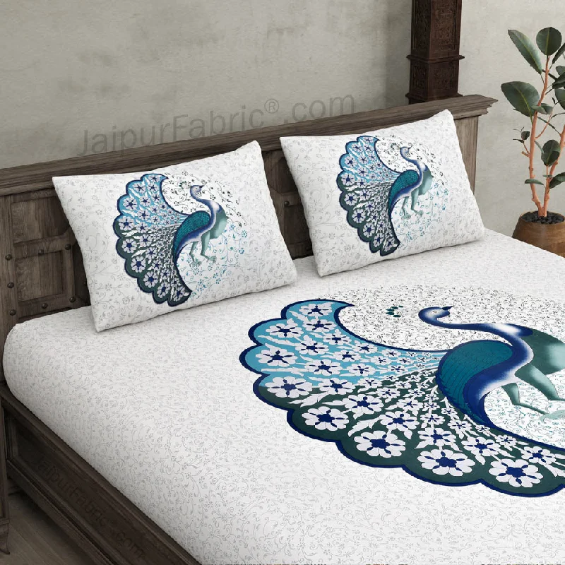 Twill Cotton Bedsheet Dancing Blue Peacock