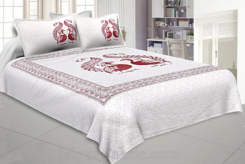 Twill Cotton Double Bedsheet Burgundy Red  Peacock Pair