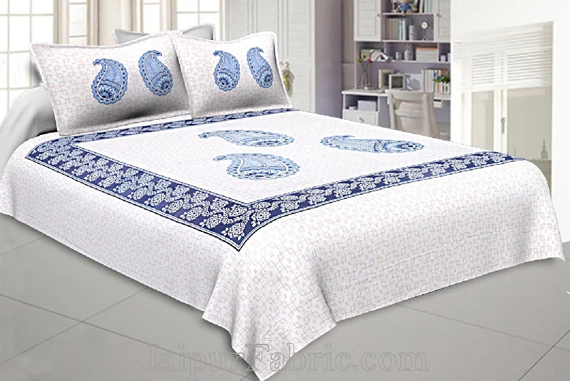 Twill Cotton Double Bedsheet Sky Blue Boota Print