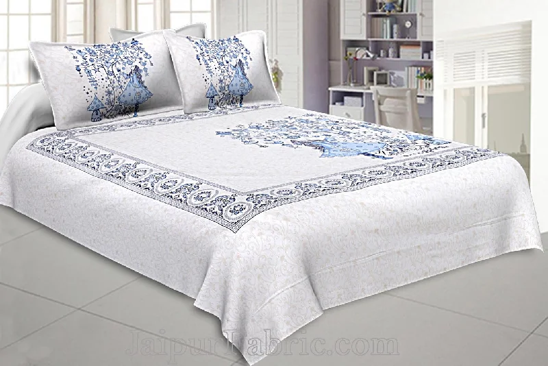 Twill Cotton Double Bedsheet Sky Blue Fir Tree Pattern