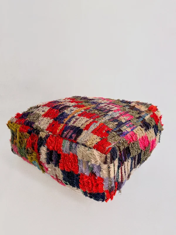 Vintage Boucherouite Pouf - Red Checkered