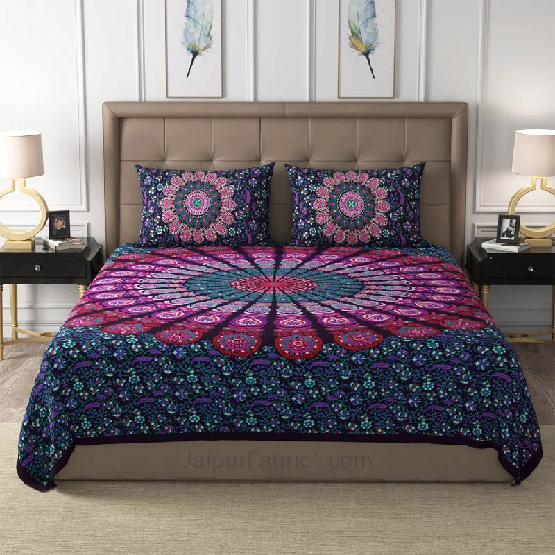 Violet Peacock Feather Mandala Cotton Double Bedsheet