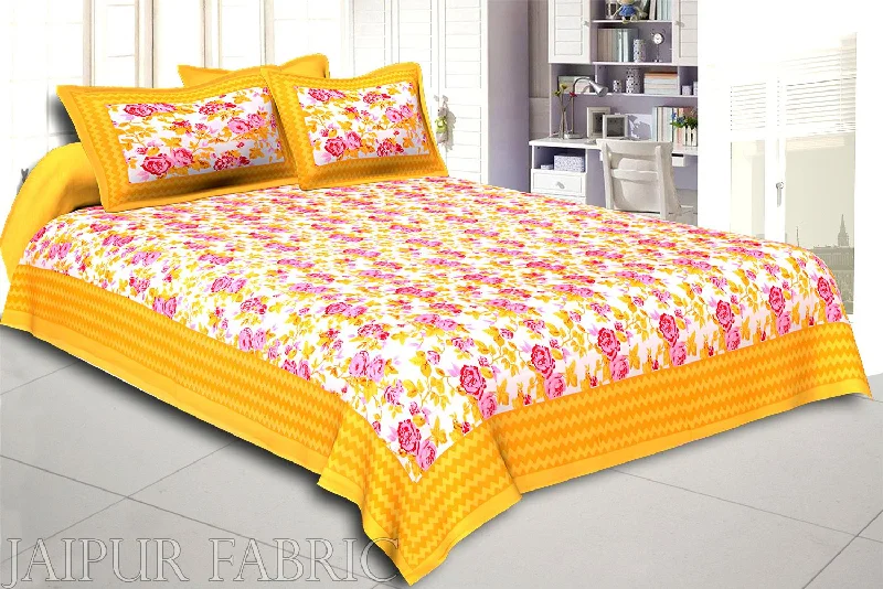 Yellow Wavy Border and Floral Print Cotton Double Bed Sheet