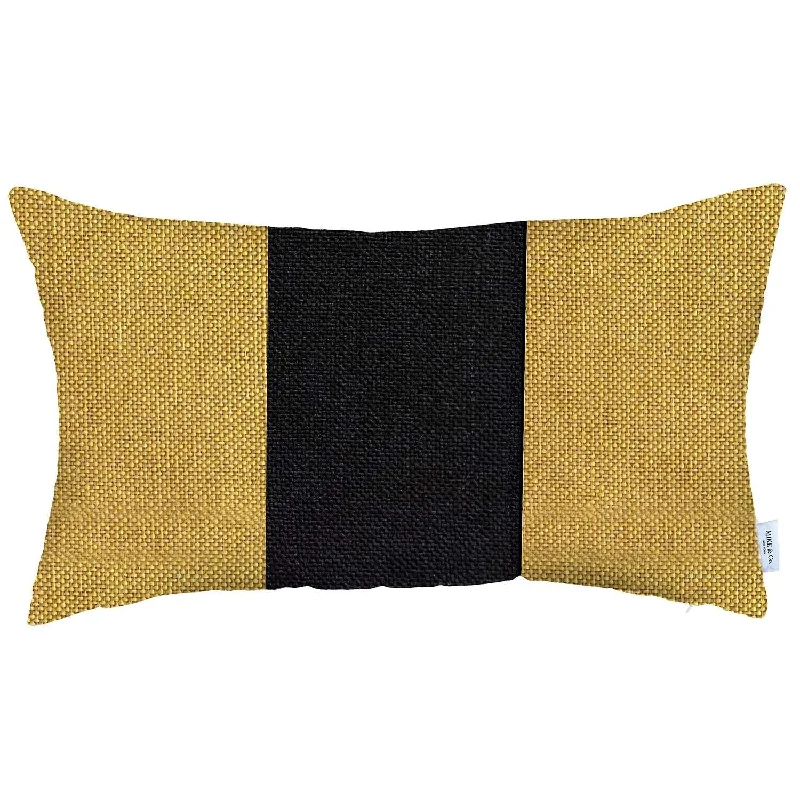 12" X 20" Black And Yellow Geometric Zippered Handmade Polyester Lumbar Pillow Cover