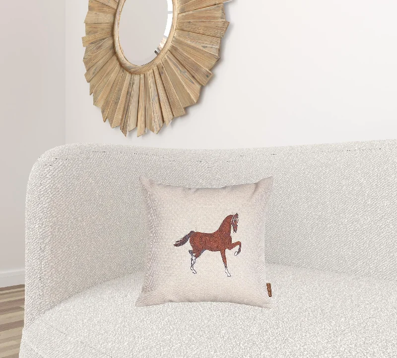 18" X 18" Beige Horse Animal Print Zippered Handmade Polyester Throw Pillow With Embroidery