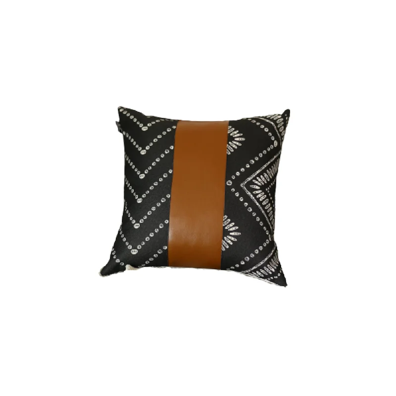 Black And White Pearl Geo With Brown Faux Leather Pillow Cover