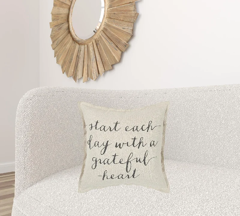 Gray Cream Grateful Heart Decorative Throw Pillow