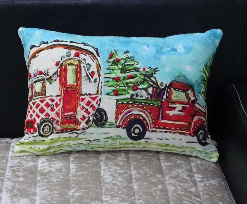 Hand Illustrated Christmas Cravan Holiday Pillow