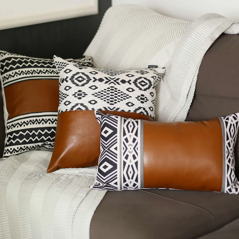 Rustic Brown Faux Leather Geometric Lumbar Pillow