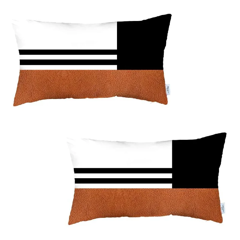 Set Of 2 Brown Geometric Lumbar Pillow Covers