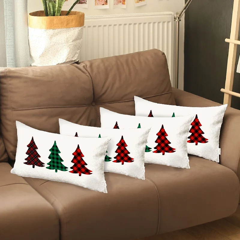 Set of 4 Christmas Tree Trio Plaid Lumbar Pillow Covers